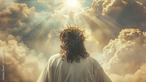 Jesus in white clothes and with a golden crown of thorns on his head on a heaven background, back view