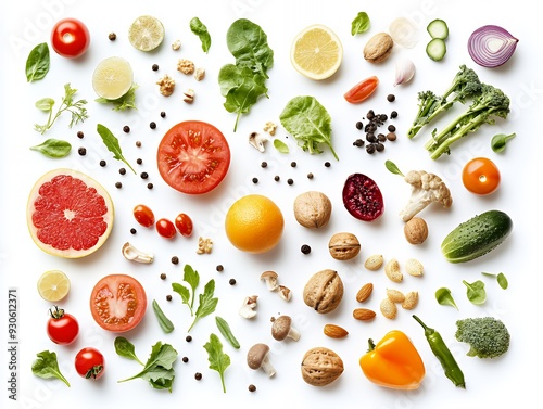 A vibrant arrangement of various fresh vegetables and fruits on a white background.