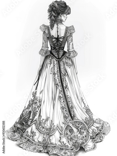 Elegant vintage dress illustration showcasing intricate details and a graceful silhouette from a rear view.