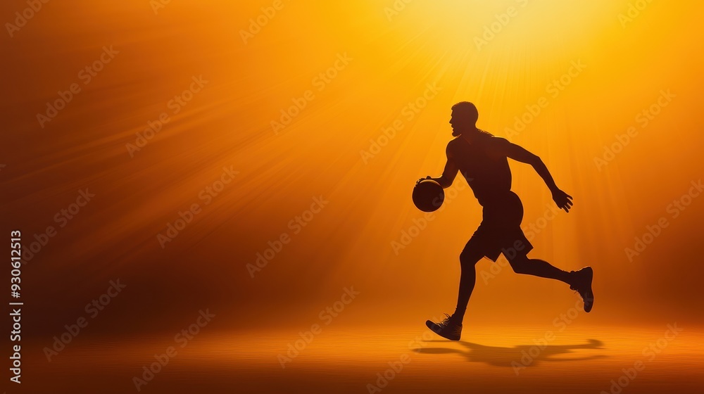 Silhouette of a person running with a basketball against a glowing background. Silhouette of a person running with a basketball against a glowing background.