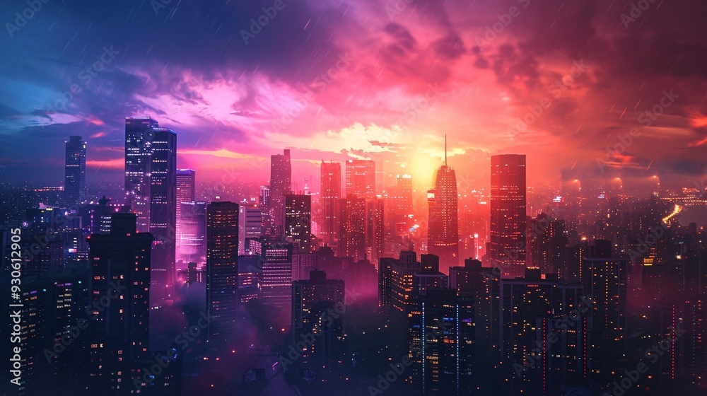 Fototapeta premium Futuristic Cityscape with Dramatic Sunset