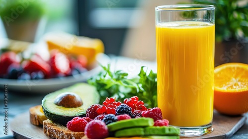 Clean and appetizing photograph of a healthy breakfast spread with avocado toast, mixed berries, and a glass of freshly squeezed orange juice.  photo