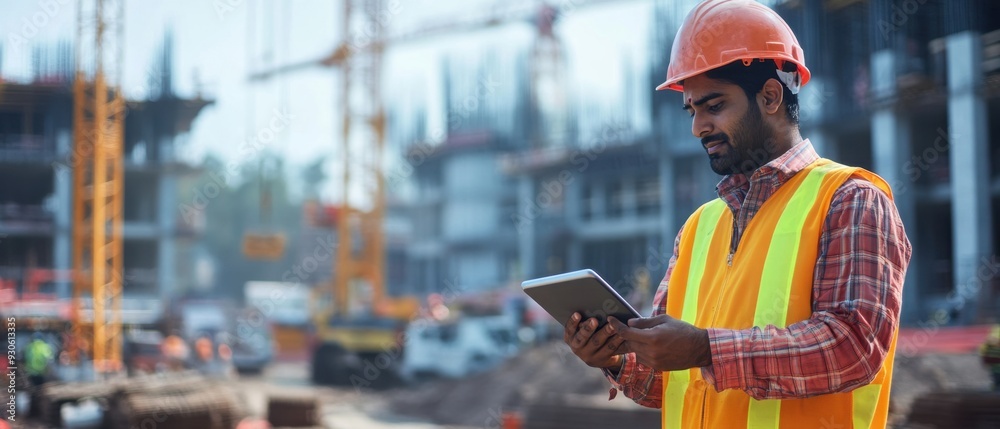 Indian engineer checking construction site with a tablet modern equipment and tools construction cranes in the background worksite safety Indian engineer checking construction site with a tablet modern equipment and tools construction cranes in the background worksite safety