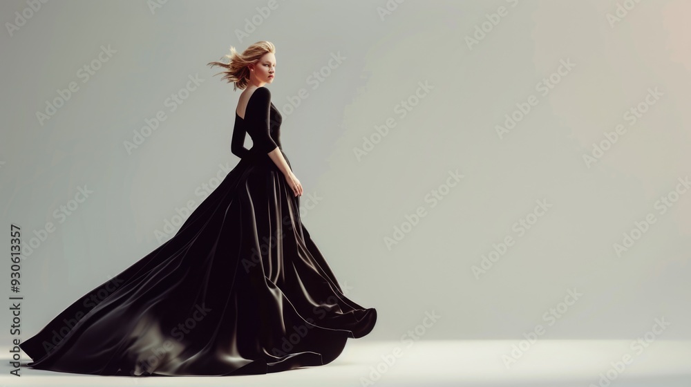 Elegant Woman in Flowing Black Dress on Neutral Background Elegant Woman in Flowing Black Dress on Neutral Background