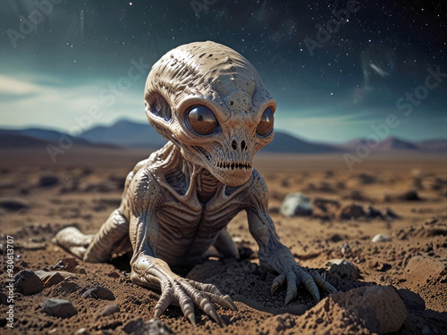 An alien creature crawls along brown earth on a planet in space in low light