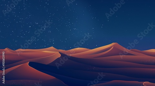 Night Landscape, with Desert Sand Dunes. Peaceful Modern Wallpaper with Blue Gradient Starry Sky photo