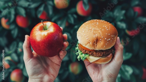 One hand holding apple fruit, other holding hamburger. Healthy natural organic fresh vegetarian food vs unhealthy processed fast junk food meat. Nutrition diet lifestyle, fitness eating choice photo