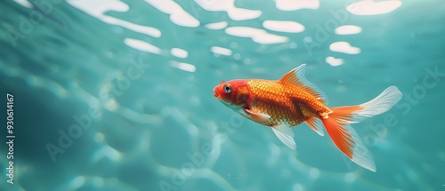 Orange and white goldfish swimming in a clear blue water. Simple and serene underwater scene with a single goldfish