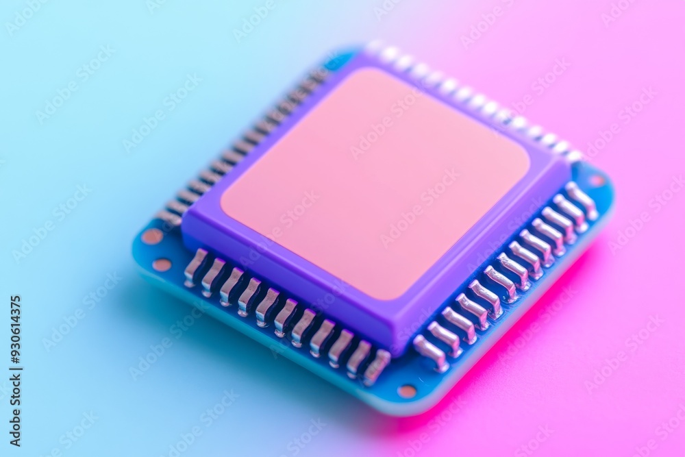 High definition close up of a microchip on a pastel circuit board illuminated by warm lighting representing the harmony between design and technology High definition close up of a microchip on a pastel circuit board illuminated by warm lighting representing the harmony between design and technology