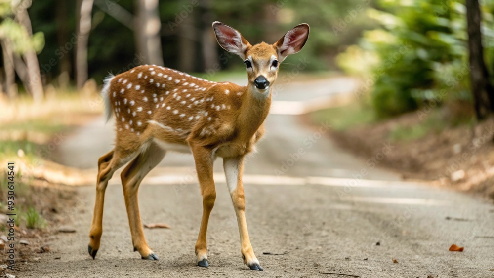 White tailed deer fawn witj hind on natural trail in north Wisconsin.
White tailed deer fawn witj hind on natural trail in north Wisconsin.