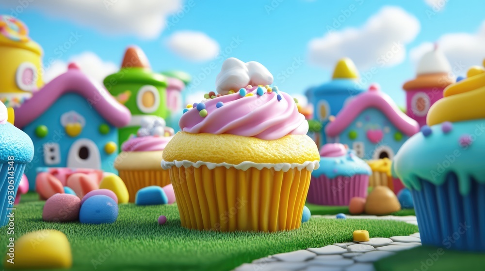 Whimsical 3D render of a giant cupcake village with candy houses Whimsical 3D render of a giant cupcake village with candy houses