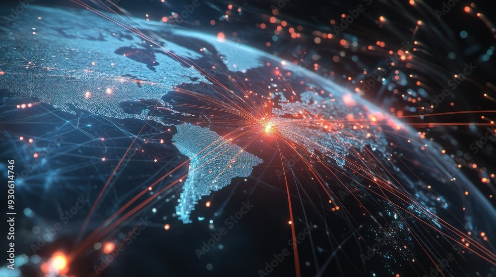 Global business network with world map and connecting flight paths Global business network with world map and connecting flight paths