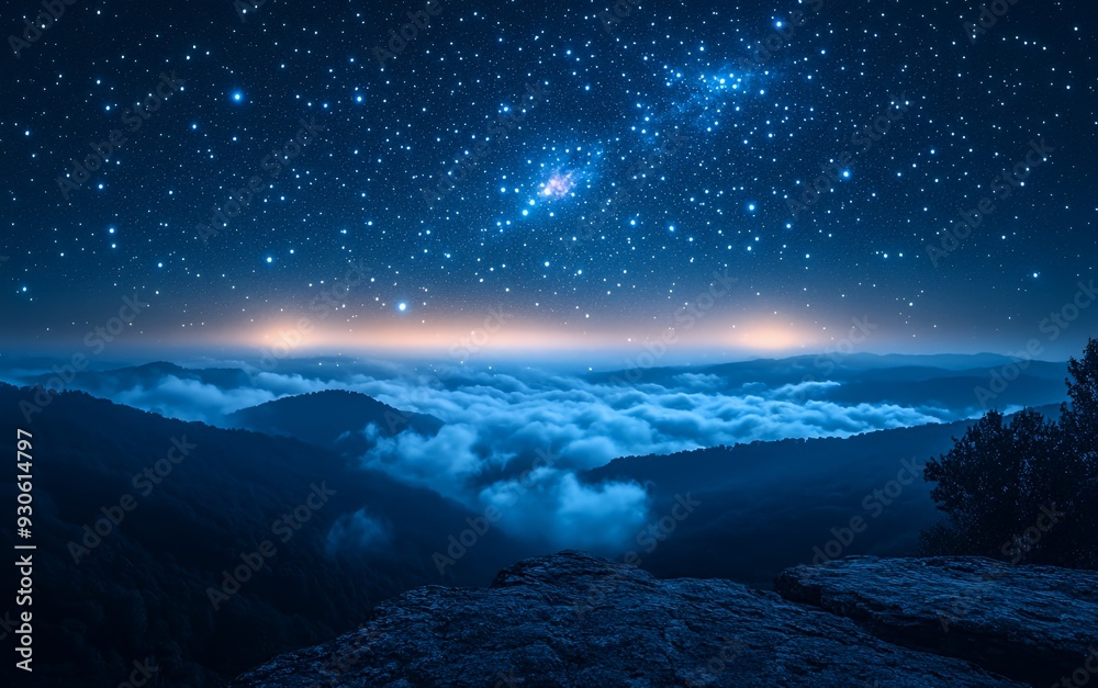 A serene night sky filled with stars over misty mountains and valleys. A serene night sky filled with stars over misty mountains and valleys.