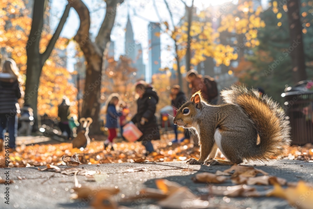 Squirrel Scavenging Near Trash Bin in a City Park with Children.