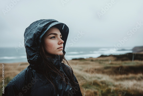 Woman standing by the coast in the rain