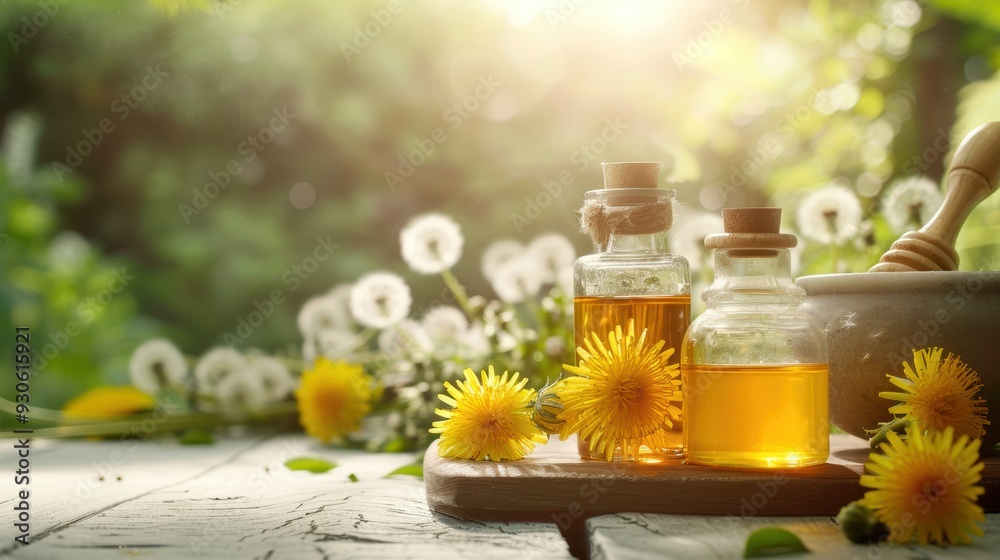 Natural dandelion oil in glass bottles surrounded by flowers, captured in a serene garden setting with sunlight. Natural dandelion oil in glass bottles surrounded by flowers, captured in a serene garden setting with sunlight.