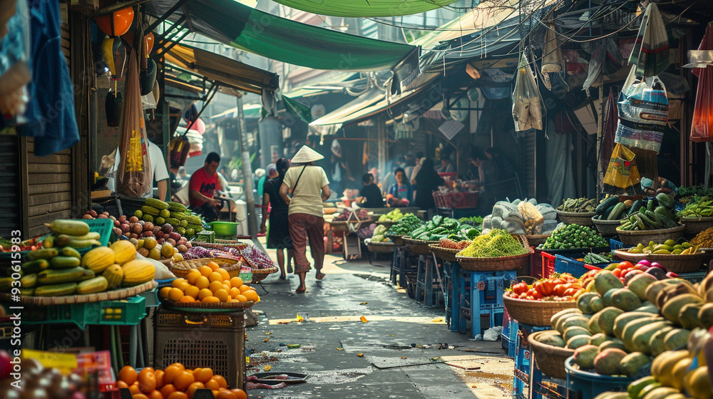 Obraz premium A lively street market in an Asian city, with vendors selling fresh produce, street food, and handmade goods, and shoppers haggling.