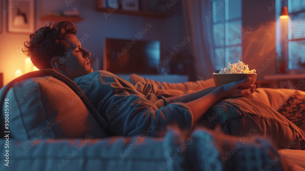 Obraz premium A comfortable living room with a young man relaxing on a sofa, watching TV. He has a bowl of popcorn on his lap, and the room is softly lit with a warm, inviting atmosphere. 