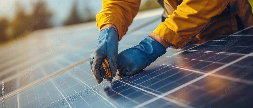 A Worker Installs Solar Panels with a Screwdriver A Worker Installs Solar Panels with a Screwdriver