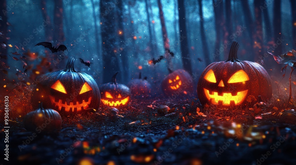 Halloween pumpkins in the forest at night.Halloween background with Evil Pumpkin. Spooky scary dark Night forrest. Holiday event halloween banner background concept Halloween pumpkins in the forest at night.Halloween background with Evil Pumpkin. Spooky scary dark Night forrest. Holiday event halloween banner background concept