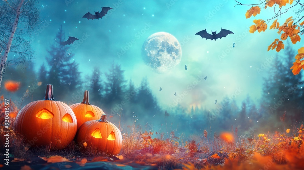 Halloween pumpkins of different sizes in the foreground. Some bats, moon and forest in the background. Copy space. Image advertising Halloween pumpkins of different sizes in the foreground. Some bats, moon and forest in the background. Copy space. Image advertising