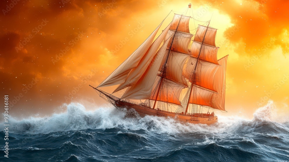 Obraz premium A ship sails through rough seas under a dramatic sky