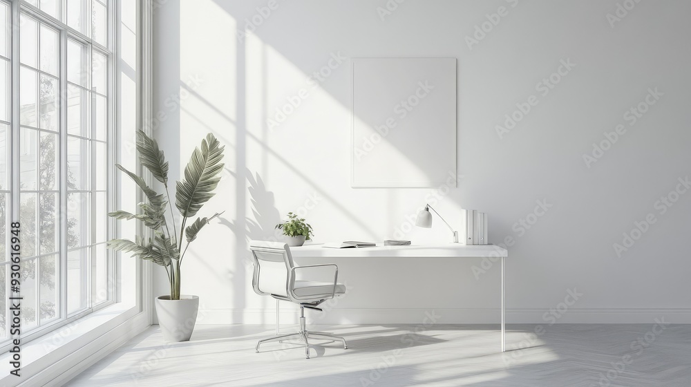 A white-walled office with a single, inspirational quote about creativity and potential, capturing the essence of exploring new design possibilities.