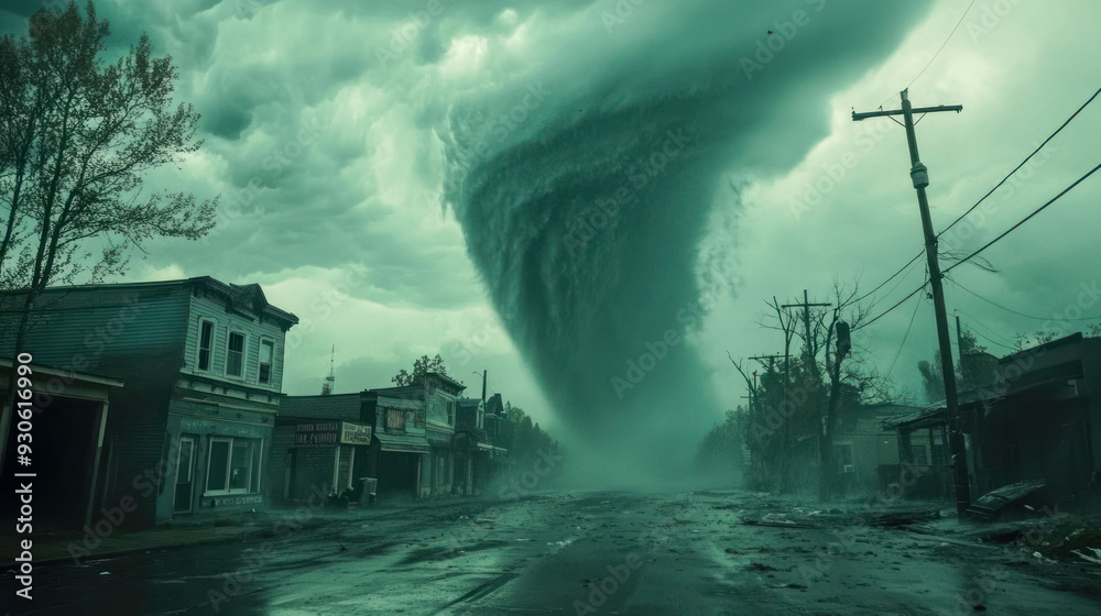 Fototapeta premium Tornado Engulfs Small Abandoned Town - A massive tornado consumes a deserted small town, showcasing nature's raw power as it tears through empty streets and old buildings.