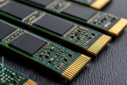 Macro shot of stacked memory chips on a circuit board symbolizing the precision and innovation in modern technology systems