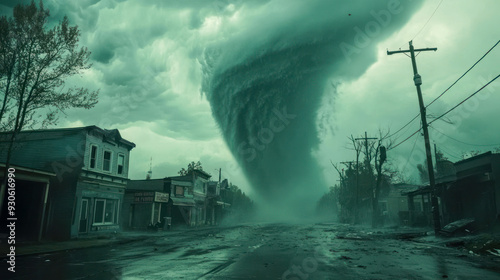 Fototapeta Naklejka Na Ścianę i Meble -  Tornado Engulfs Small Abandoned Town - A massive tornado consumes a deserted small town, showcasing nature's raw power as it tears through empty streets and old buildings.