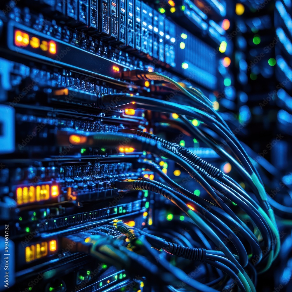 Large data center network interconnection technology material, Network switch and ethernet cables in data center Internet and technology concept. --v 6.1 Job ID: 110861a2-c23d-4850-9ffc-b9c841e4f34d Large data center network interconnection technology material, Network switch and ethernet cables in data center Internet and technology concept. --v 6.1 Job ID: 110861a2-c23d-4850-9ffc-b9c841e4f34d