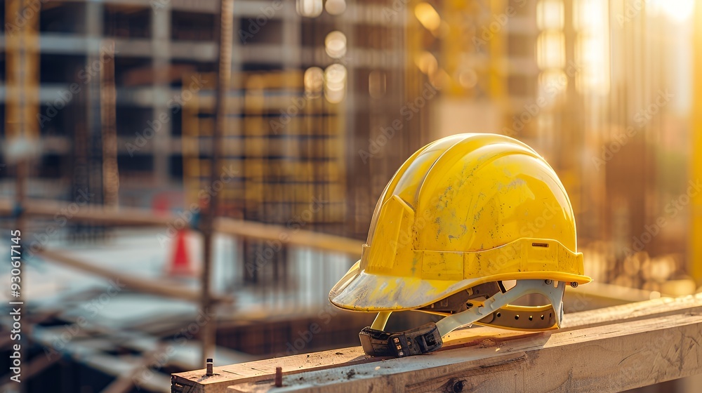 A yellow hard hat resting on a wooden beam at a construction site during sunset. A yellow hard hat resting on a wooden beam at a construction site during sunset.