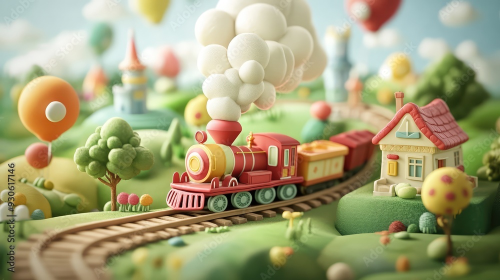 Whimsical 3D render of a toy train journeying through a magical world