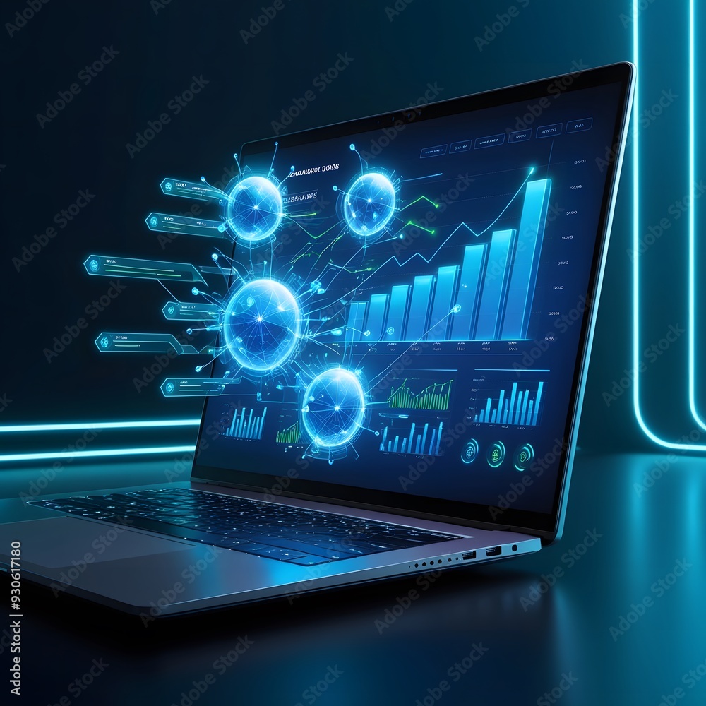High-tech digital Data analysis on a glowing laptop screen,Generative Ai High-tech digital Data analysis on a glowing laptop screen,Generative Ai