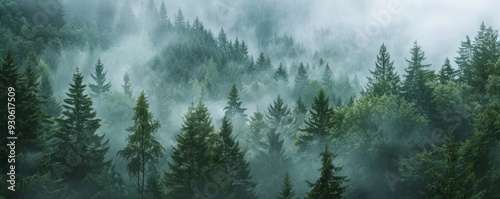 Misty forest with tall pine trees, 4K hyperrealistic photo