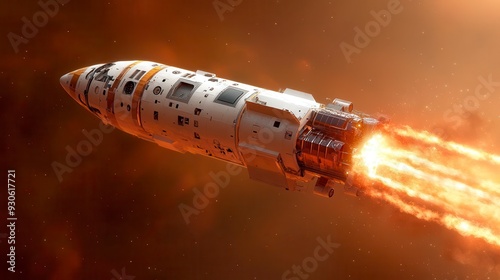 A futuristic spaceship blasts off into space leaving a trail of fire