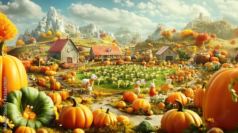 Whimsical 3D render of a fantasy farm with talking animals and oversized vegetables Whimsical 3D render of a fantasy farm with talking animals and oversized vegetables
