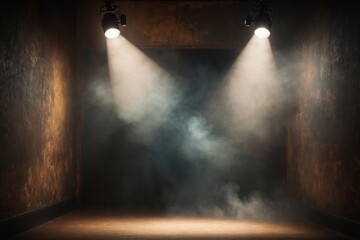 Two spotlights illuminating smoky room with dramatic atmosphere