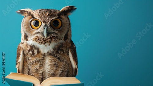 Wallpaper Mural Wisdom and education concept image with a wise owl reading a book on blue background with copy space Torontodigital.ca