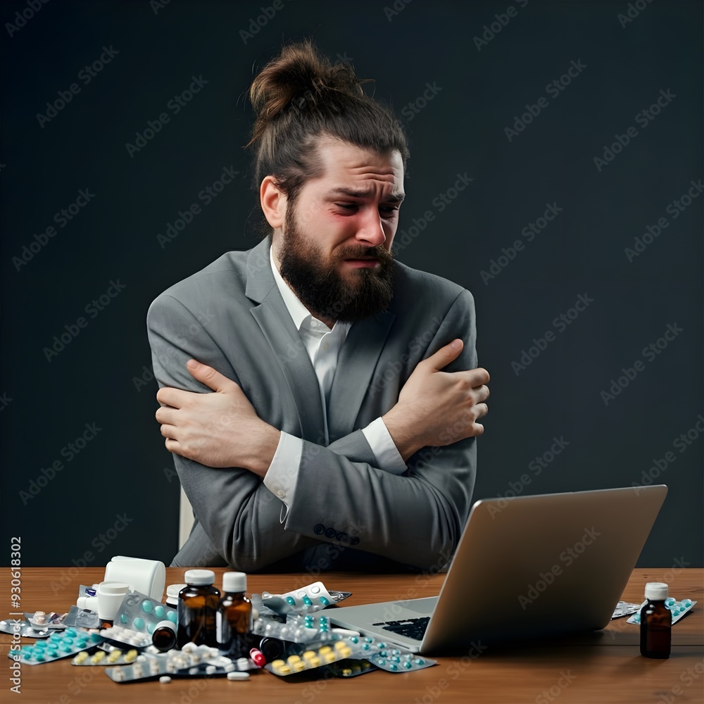 young man manager sitting at table surrounded by pills, tablets, drugs. Fair-haired office worker has bad cold, surfes internet, suffers from high temperature. Health problems young man manager sitting at table surrounded by pills, tablets, drugs. Fair-haired office worker has bad cold, surfes internet, suffers from high temperature. Health problems