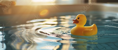 Yellow rubber duck floating on the water of the bathtub photo