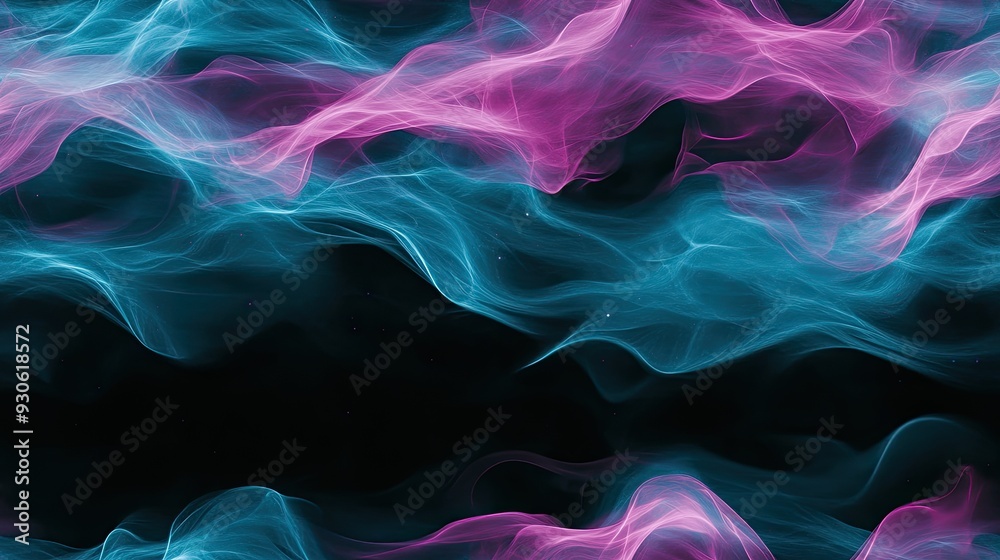 Glowing pastel waves in pink and blue swirl against a dark backdrop filled with stars and smoke, creating an ethereal, minimalistic atmosphere SEAMLESS PATTERN