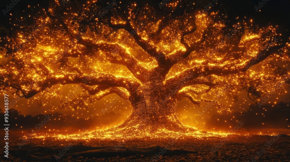 A majestic oak tree ablaze with ethereal golden light