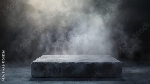 Podium or pedestal with smoke in the dark concrete floor grunge texture background, Gray textured concrete platform, light, fog, asphalt, copy space, generative ai photo