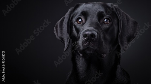 portrait of a black labrador dog, photo studio set up with key light, isolated with black background and copy space