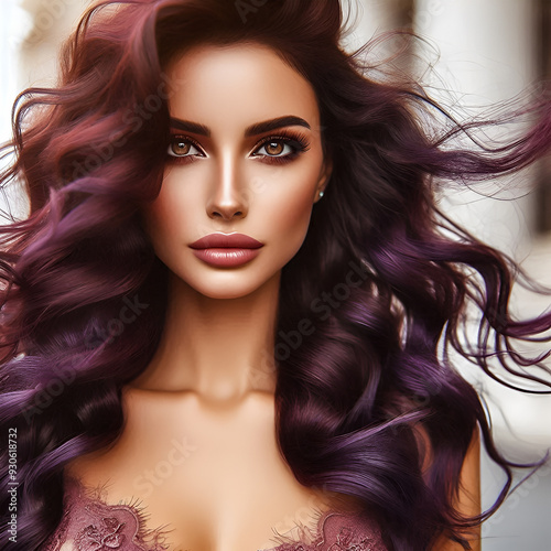 Portrait of a beautiful woman, wind in long curly dark purple hair, hazel eyes