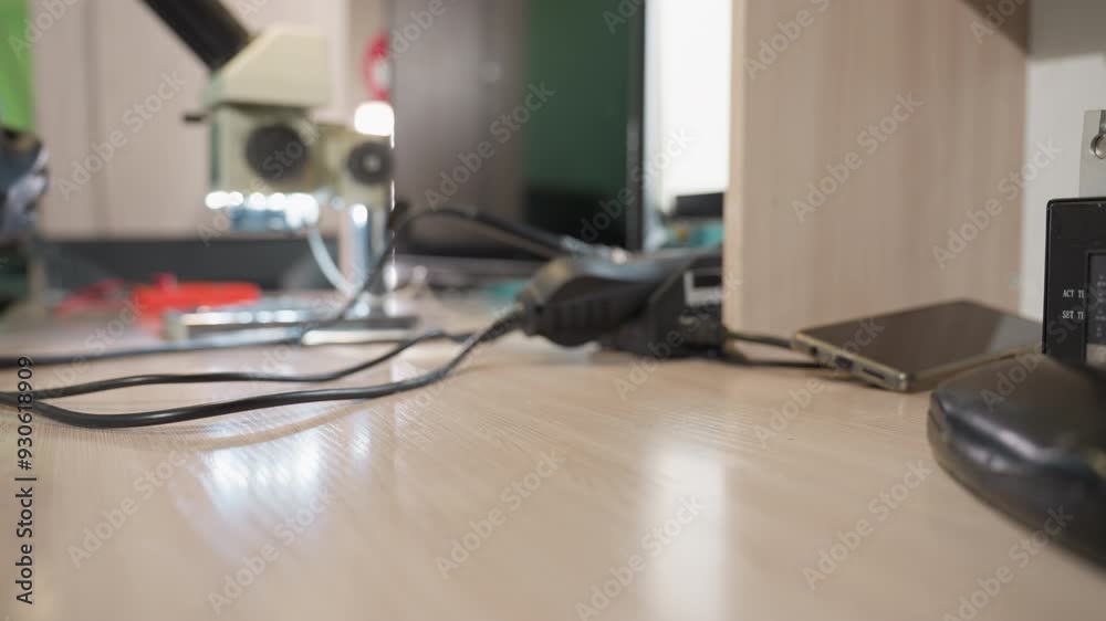 A close-up view of a right hand wearing a black glove reaching for his glasses on a wooden desk in a lab setting, with wire and other electronica tools on the table