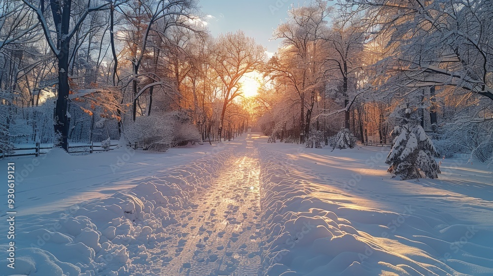 Winter forest landscape. Beautiful snowy scenery in the park. Seasonal changes and cold weather. Natural background with snow-covered trees. Winter forest landscape. Beautiful snowy scenery in the park. Seasonal changes and cold weather. Natural background with snow-covered trees.