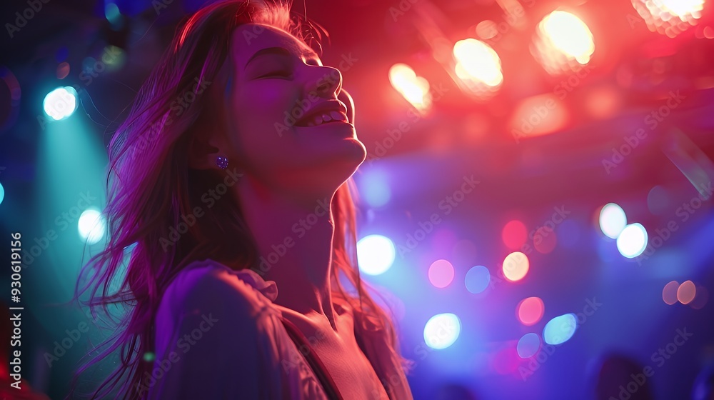 A joyful woman enjoying a vibrant party atmosphere with colorful lights. A joyful woman enjoying a vibrant party atmosphere with colorful lights.