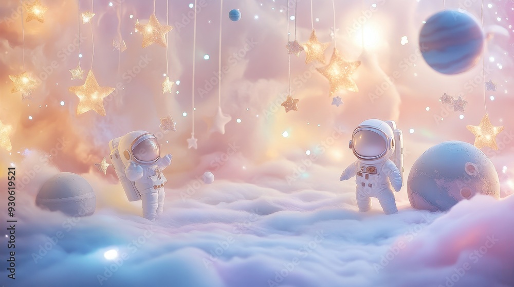 Obraz premium Two astronauts in a dreamy, colorful space scene with stars and planets.